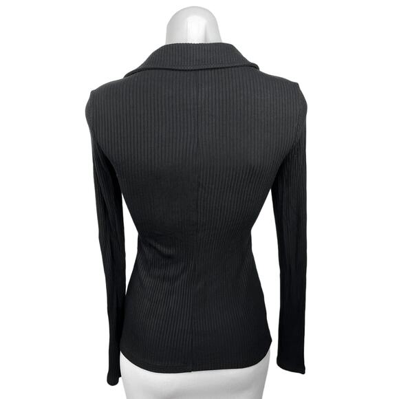 Whimsy + Row Black V Nek Ribbed Knit Collared Long Sleeve Button Up Top Size XS - Picture 2 of 4